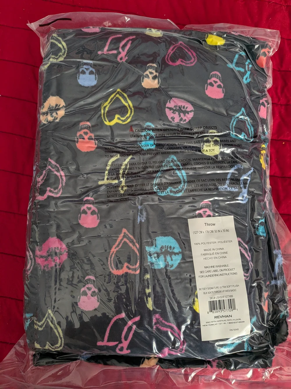 Betsey Johnson Black Plush Blanket with Neon Skulls & Hearts
